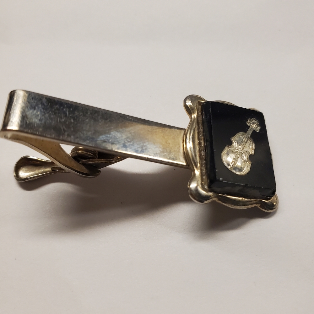 VINTAGE PARKWAY Tie Clip. Silvertone and Black Onyx. 2 in